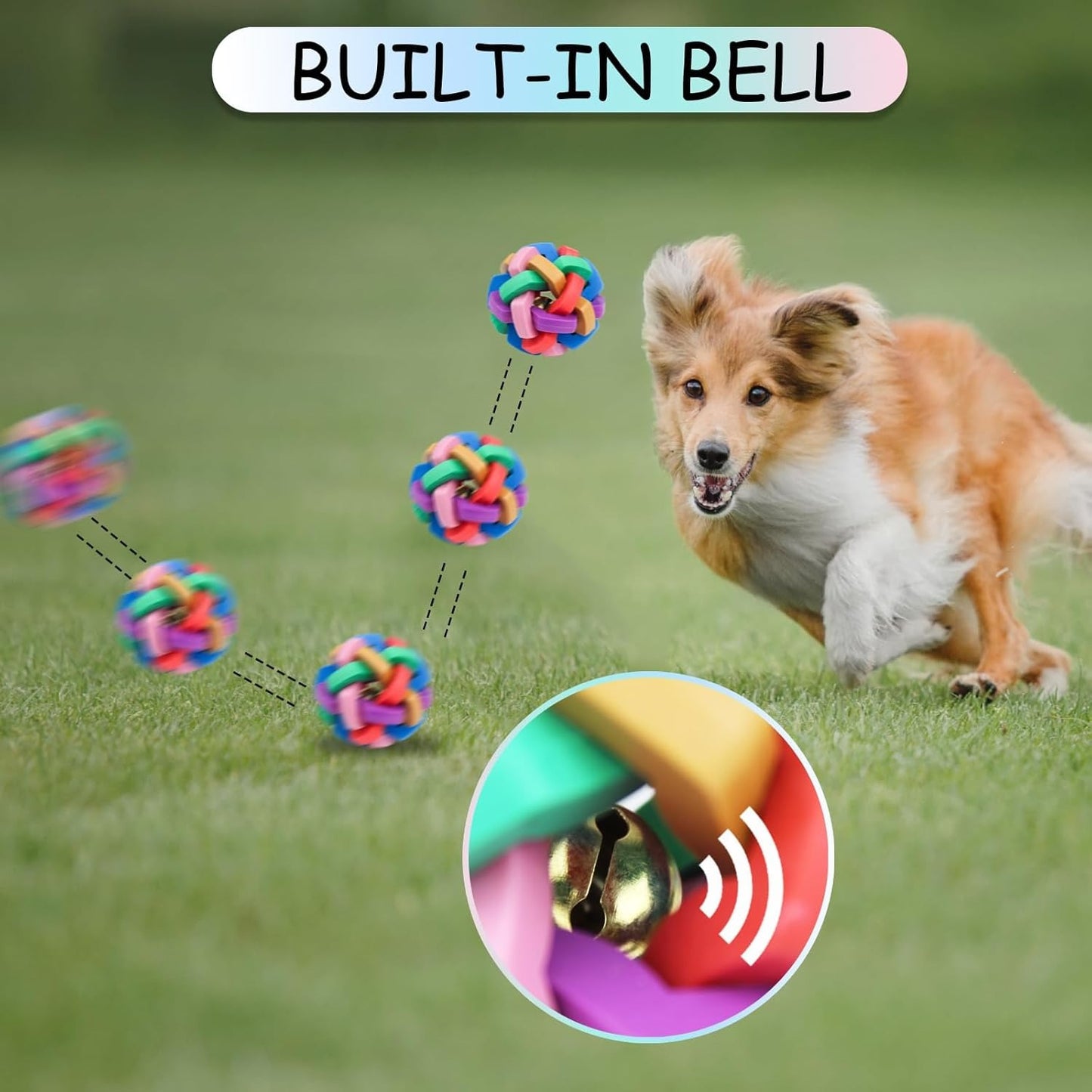 Rubber Dog Balls – 8.5 cm Colorful Bouncy Braided Rubber Ball with Ringing Bell, Durable Bite-Resistant Toy for Teeth Cleaning, Training, and Interactive Play