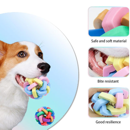 Rubber Dog Balls – 8.5 cm Colorful Bouncy Braided Rubber Ball with Ringing Bell, Durable Bite-Resistant Toy for Teeth Cleaning, Training, and Interactive Play
