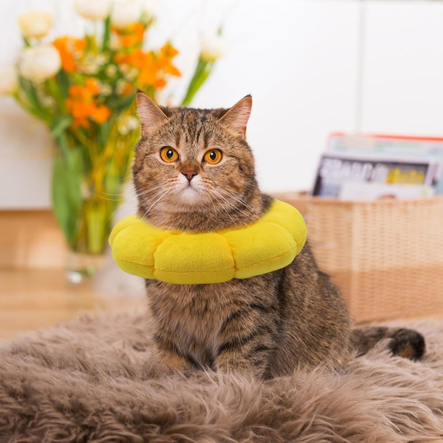 Sunflower Cat Recovery Cone – Soft, Adjustable E-Collar for Cats & Small Dogs, Gentle Post-Surgery Protection, Anti-Lick Pet Neck Pillow, Easy-Clean Design (Yellow)