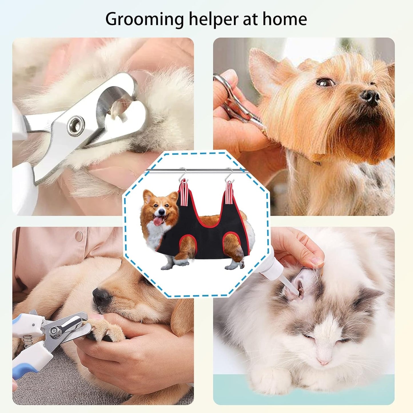Dog Grooming Hammock Harness – Pet Grooming Sling with 2 S-Hooks, Comfortable Support Harness for Small & Medium Dogs and Cats, Ideal for Nail Trimming, Bathing, and Teeth Cleaning