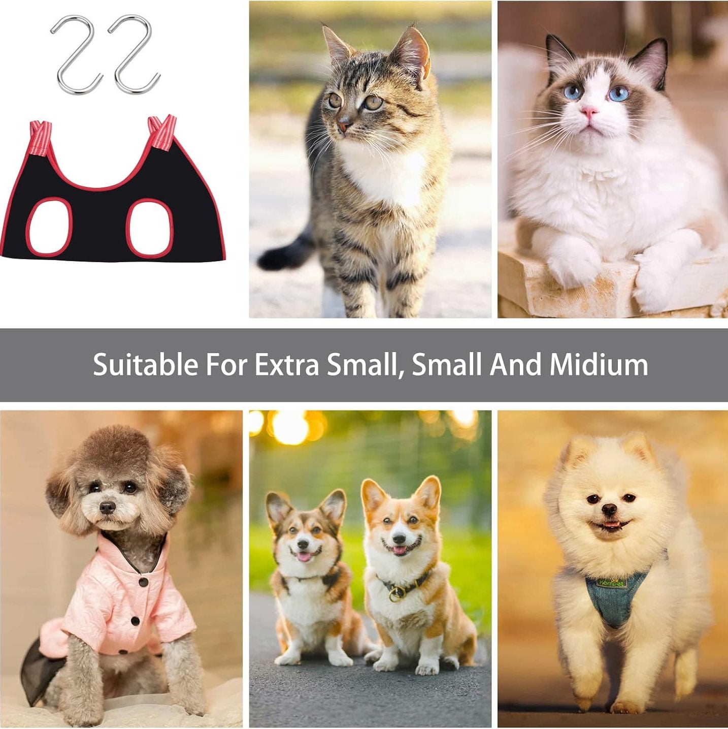 Dog Grooming Hammock Harness – Pet Grooming Sling with 2 S-Hooks, Comfortable Support Harness for Small & Medium Dogs and Cats, Ideal for Nail Trimming, Bathing, and Teeth Cleaning